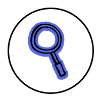 A black outline of a magnifying glass with a dark blue glow around it sits inside a black circle.