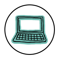 A black line drawing of a laptop computer with a teal blue glow around it sits inside a black circle.